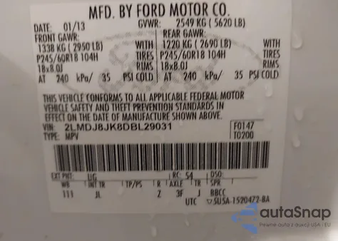 2013 Lincoln Mkx from USA, damaged, VIN 2LMDJ8JK8DBL29031